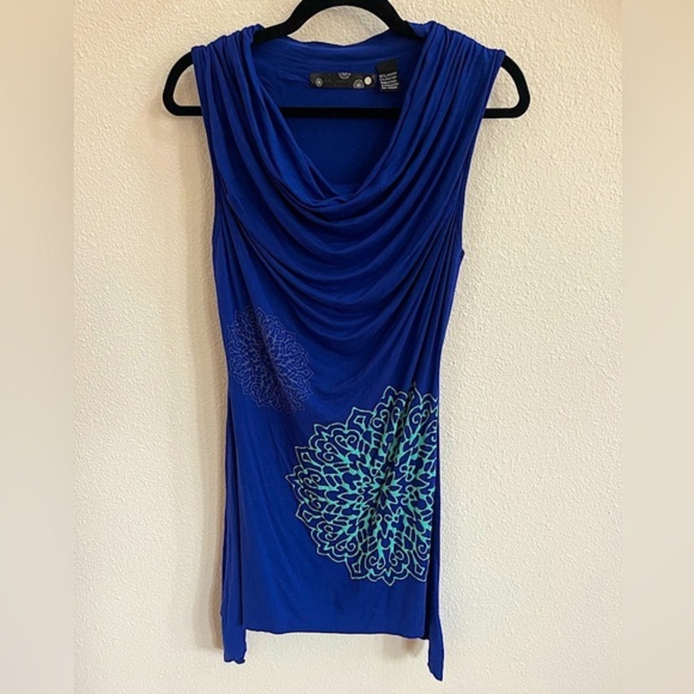 Desigual Cobalt Blue Dress Cowl Neck Tunic Top With Teal, Gray Mandala Print